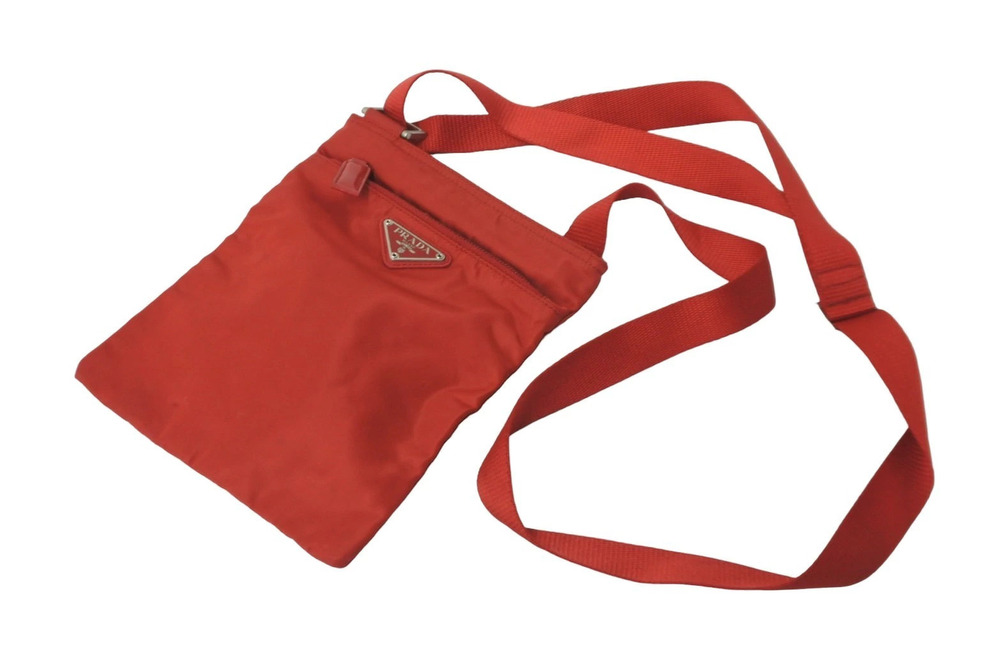 Prada Shoulder Bag Sacoche Triangle Plate Pouch Clutch Red